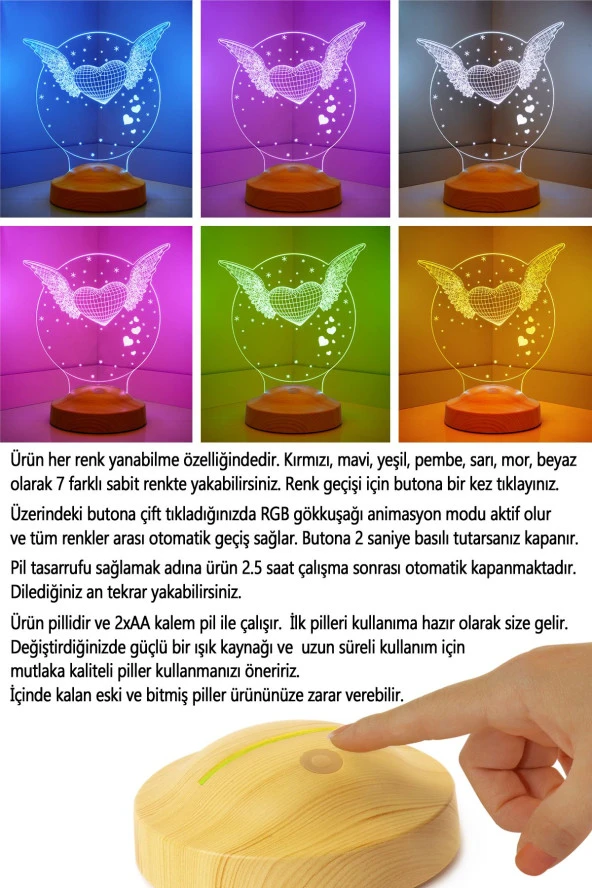 SEVGİ LAMBASI Sevgiliye Hediye Melek Kanatlı Kalp Hediyesi, Melek Aşkım Yazılı 3d Led Lamba - 5