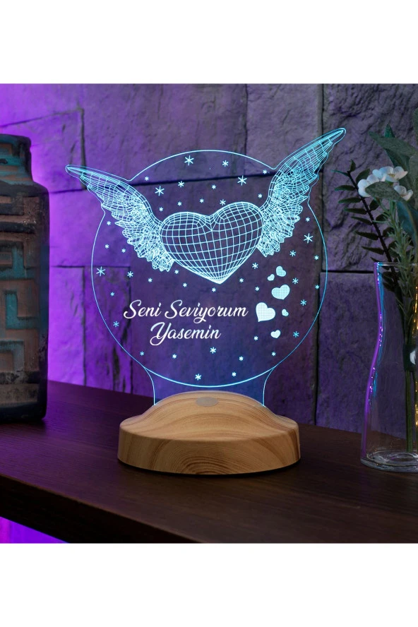 SEVGİ LAMBASI Sevgiliye Hediye Melek Kanatlı Kalp Hediyesi, Melek Aşkım Yazılı 3d Led Lamba - 2