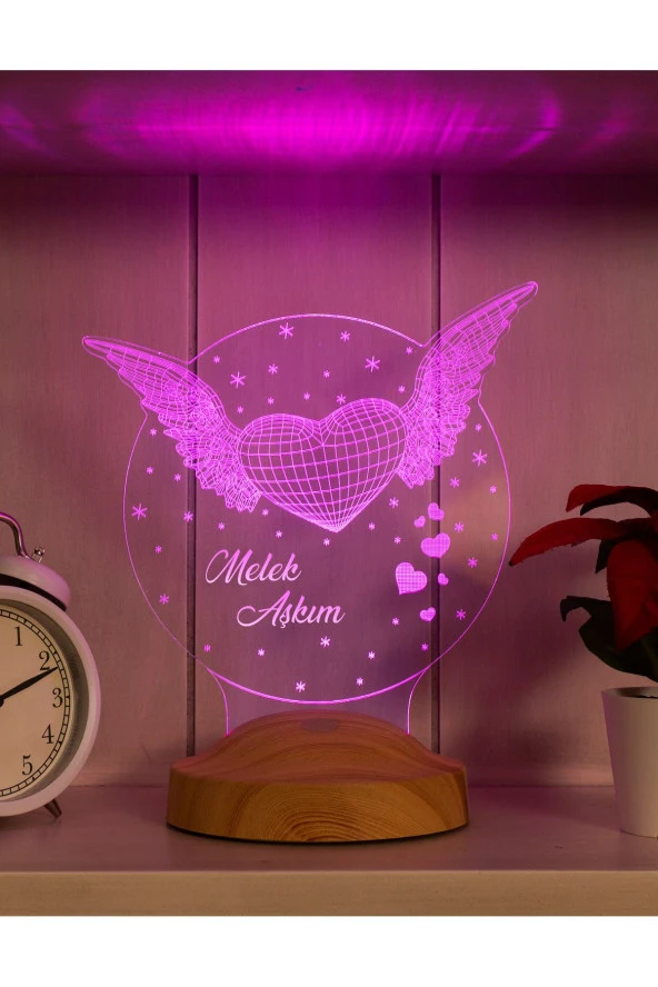 SEVGİ LAMBASI Sevgiliye Hediye Melek Kanatlı Kalp Hediyesi, Melek Aşkım Yazılı 3d Led Lamba - 6
