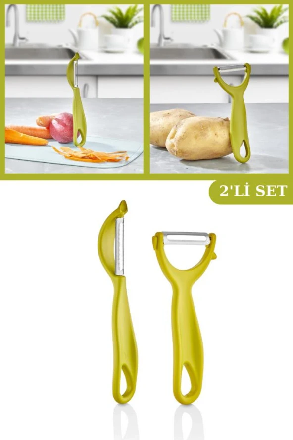 2 Adet Çok Amaçlı Yan ve Sapan Soyacak, Meyve Sebze Paslanmaz Çelik Bıçaklı Soyucu 2’li Set Yeşil