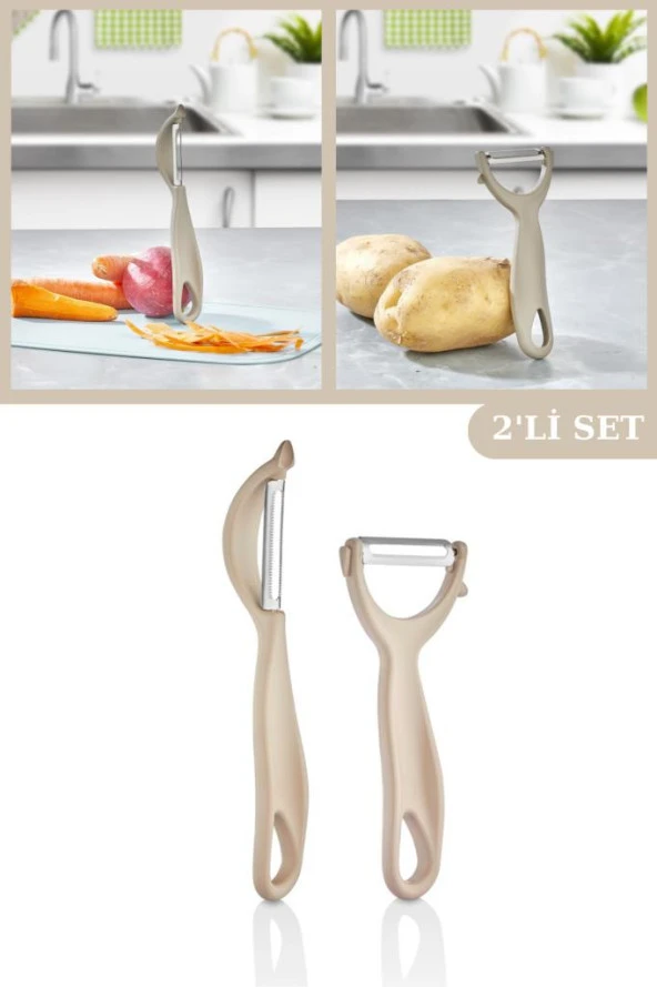 2 Adet Çok Amaçlı Yan ve Sapan Soyacak, Meyve Sebze Paslanmaz Çelik Bıçaklı Soyucu 2’li Set Bej ürün görseli 1