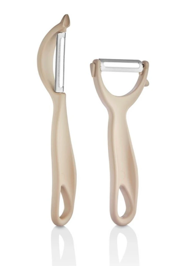 2 Adet Çok Amaçlı Yan ve Sapan Soyacak, Meyve Sebze Paslanmaz Çelik Bıçaklı Soyucu 2’li Set Bej - 4