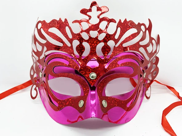 Metalize Ekstra Parlak Hologramlı Parti Maskesi Kırmızı Renk 23x14 cm (44DEX34)