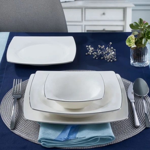 GÜRAL PORSELEN Caroline 16 Parça 4 Kişilik Kare Bone Yemek Takımı Gümüş ürün görseli 1