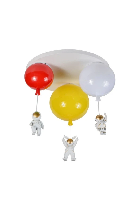 Crystal Palace 3lü Sarkıt Avize - Sarı Kırmızı Beyaz Balon Avize - Balonlu Astronot Avize - Astronotlu Avize - 60cm