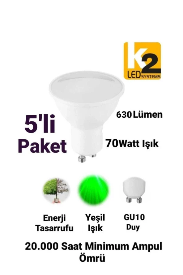 K2 7W - 70W GU10 Led Ampul Yeşil Işık 630 Lümen Spot Ampul 220 Volt