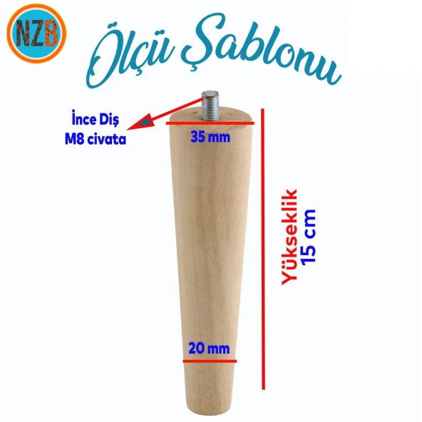 Ahşap Ayak Sehpa Masa Baza Çekyat Puf Tabure Ünite Koltuk Ayağı Mobilya Ayakları Silindir Destek M8 Civatalı 15 cm - Resim 2