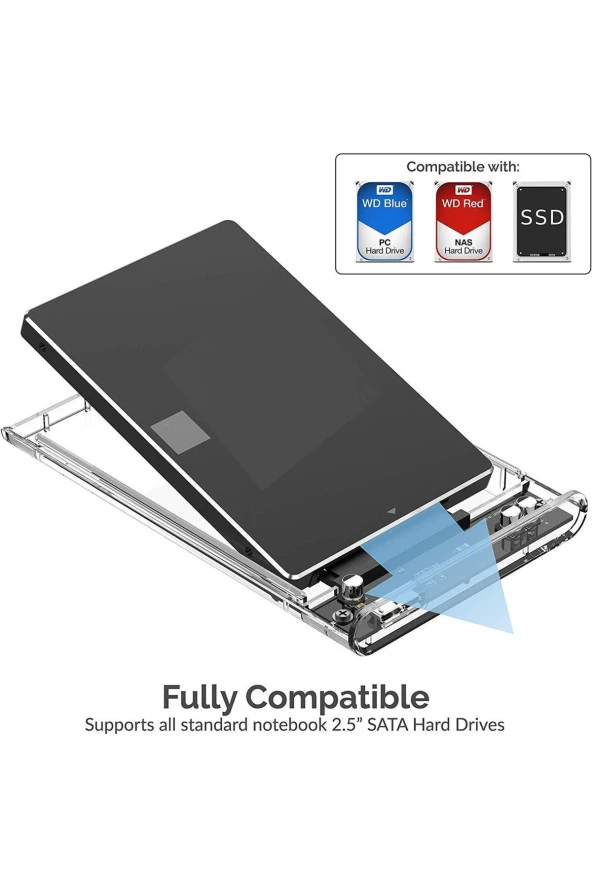 Yeni Vidasız Sürgülü 2.5" USB 3.0 Harici SSD Harddisk Şeffaf Taşınabilir HDD Kutusu Transparan - 3