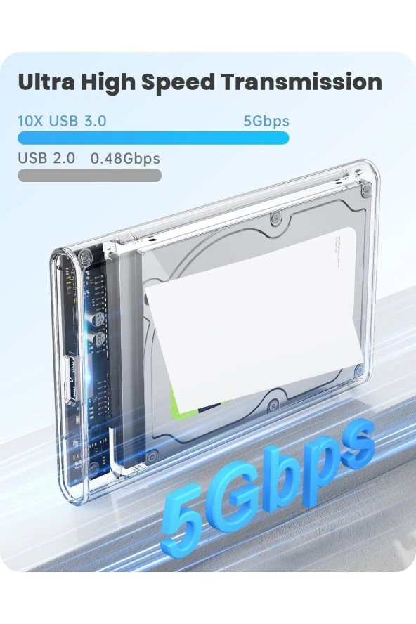 Yeni Vidasız Sürgülü 2.5" USB 3.0 Harici SSD Harddisk Şeffaf Taşınabilir HDD Kutusu Transparan - 4