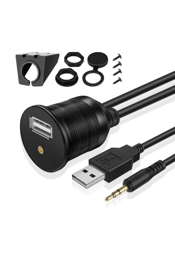 USB 2.0 - 3.5mm Aux Uzatma Kablo ve Montaj Aparatı USB Aux Panel Tipi Araba Motosiklet Tekne - Resim 2