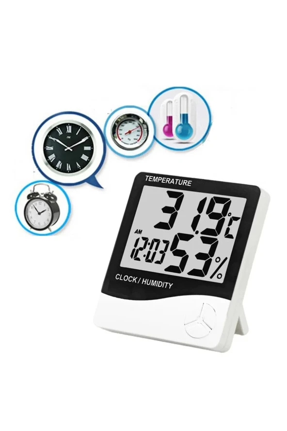 Dijital Ekranlı Termometre Saat - Alarm, Sıcaklık, Nem Ölçer Masa Saati ürün görseli 1