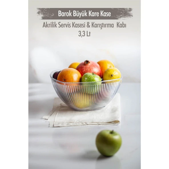 Akrilik Barok Şeffaf Büyük Kare Meyve & Salata Kasesi & Karıştırma Kabı / 3,3 Lt  (CAM DEĞİLDİR)
