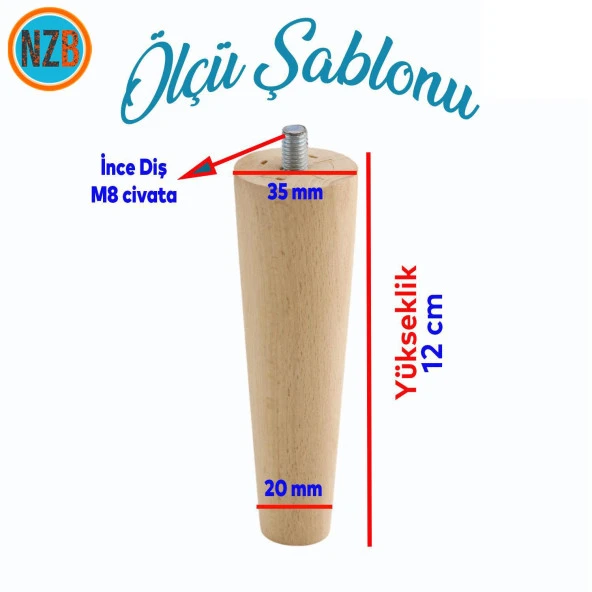 Ahşap Ayak Sehpa Masa Baza Çekyat Puf Tabure Ünite Koltuk Ayağı Mobilya Ayakları Silindir Destek M8 Civatalı 12 cm - Resim 2