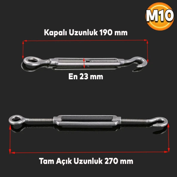 Gerdirme Çelik Kanca Yük Halat Galvenizli Paslanmaz M10