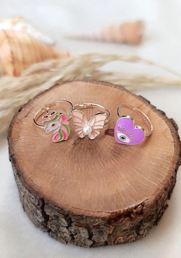 Yüzük Kız Çocuk 3 Adet İncili Kelebek Göz Ayarlanabilir Yüzük Hediye Takı