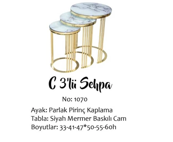 Brc Eko  13385 C Zigon eyaz Mermer Desen Gold Pirinç Kaplama Metal Ayak El Yapım