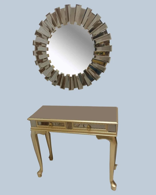 Dresuar 18549 ÇİFT ÇEKMEC Model Kayın Gold Aslan Ayak Yuvarlak Güneş Ayna ElYapım - 2