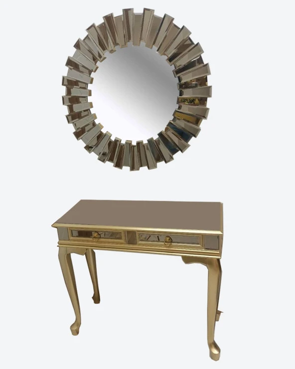 Dresuar 18549 ÇİFT ÇEKMEC Model Kayın Gold Aslan Ayak Yuvarlak Güneş Ayna ElYapım - 3