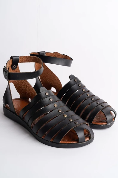 Muggo RUSSELL Garantili Rahat Kalıp Kemer Detaylı Deri Günlük Kadın Sandalet - 6