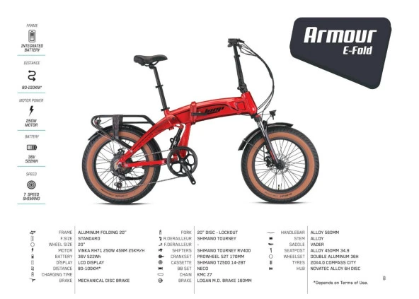 ARMOUR - 20" - Katlanır (FAT Bike) - 7 Vites - Elektrikli - Elektrik Kırmızı-Siyah - 3