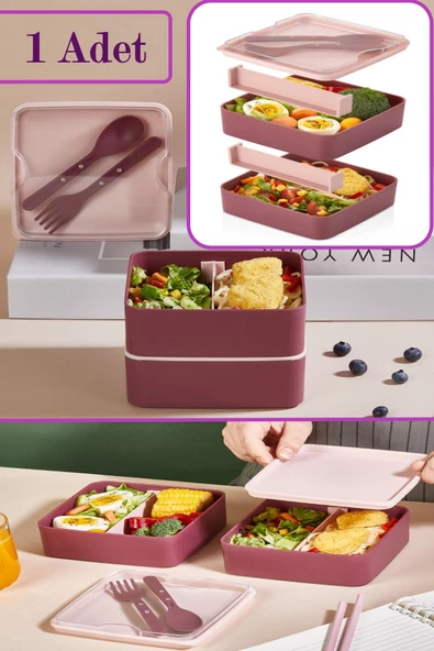 Kare 2 Kat Yemek Saklama Kabı Beslenme Kutusu Seti Sporcu Diyet Öğrenci Fitness Okul Sefer Tası - 2