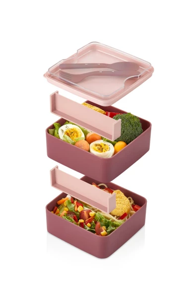 Kare 2 Kat Yemek Saklama Kabı Beslenme Kutusu Seti Sporcu Diyet Öğrenci Fitness Okul Sefer Tası - 4