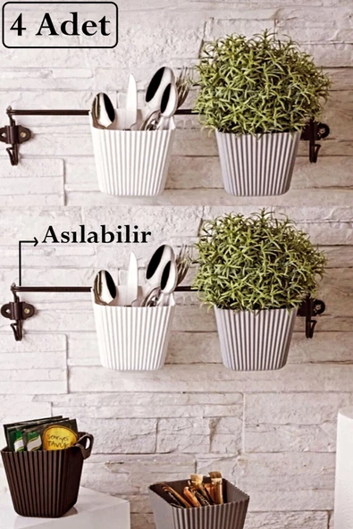 4 Adet Asılabilir Dekoratif Kaşıklık Baharatlık ve Çiçeklik Kaktüs Saksısı