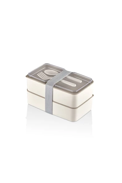 Lunch Box 2 Katlı Krem Çatal Kaşıklı Saklama Kabı 1003 Beslenme Kutusu Bölmeli Yemek Kutusu - Resim 3