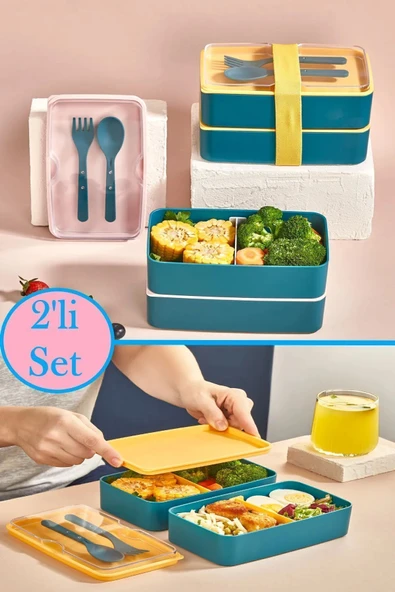 2 Katlı Yeşil Çatal Kaşıklı Beslenme Kabı 1003 Bölmeli Yemek Kabı Saklama Kutusu Lunch Box - 2