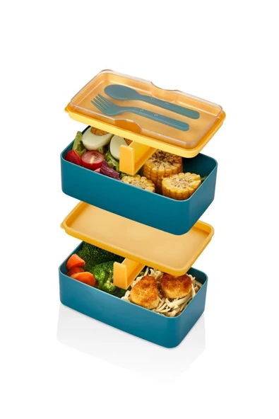 2 Katlı Yeşil Çatal Kaşıklı Beslenme Kabı 1003 Bölmeli Yemek Kabı Saklama Kutusu Lunch Box - 3
