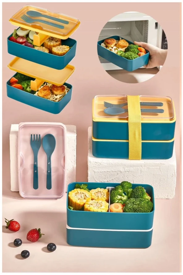 2 Katlı Çatal Kaşıklı Beslenme Kabı 1003 Bölmeli Yemek Kabı Saklama Kutusu Lunch Box