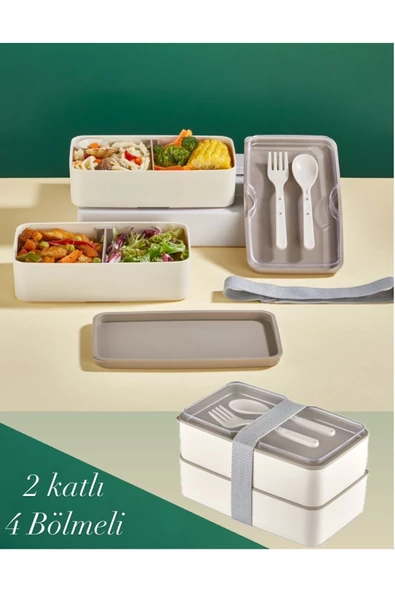 Lunch Box 2 Katlı Krem Çatal Kaşıklı Saklama Kabı 1003 Beslenme Kutusu Bölmeli Yemek Kutusu