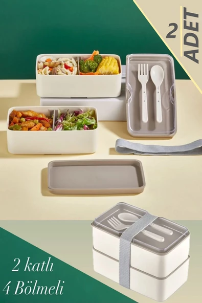 2 Adet 2 Katlı Krem Çatal Kaşıklı Saklama Kabı 1003 Lunch Box - Beslenme Bölmeli Yemek Kutusu