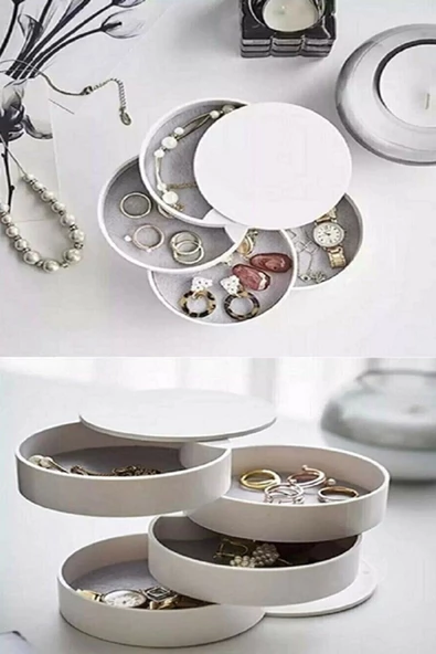 İkili Set 7 Bölmeli Ve Döner Takı Organizeri Makyaj Fırçası Ve Kozmetik Düzenleyici Beyaz - Resim 3