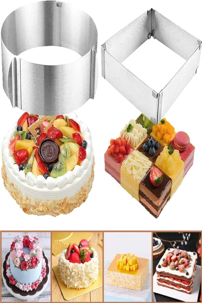 2 Li Set Kare Ve Yuvarlak Pratik Ayarlanabilir Lüx Ayarlı Kek Pasta Kalıbı Seti Paslanmaz Çelik