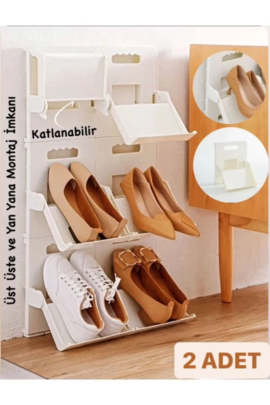 2 Adet Lyon Krem Ayakkabılık Raf Dikey Istif Çok Katmanlı Yerden tasarruf Terlik Düzenleyici ürün görseli