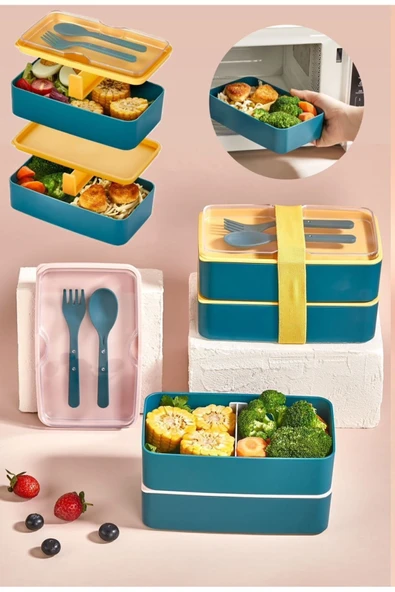 2 Katlı Yeşil Çatal Kaşıklı Beslenme Kabı 1003 Bölmeli Yemek Kabı Saklama Kutusu Lunch Box