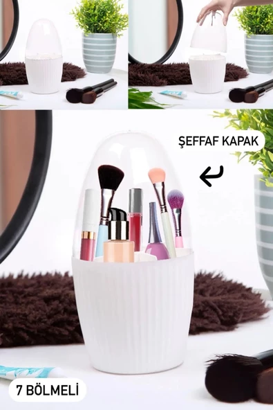 İkili Set 7 Bölmeli Ve Döner Takı Organizeri Makyaj Fırçası Ve Kozmetik Düzenleyici Beyaz - Resim 2