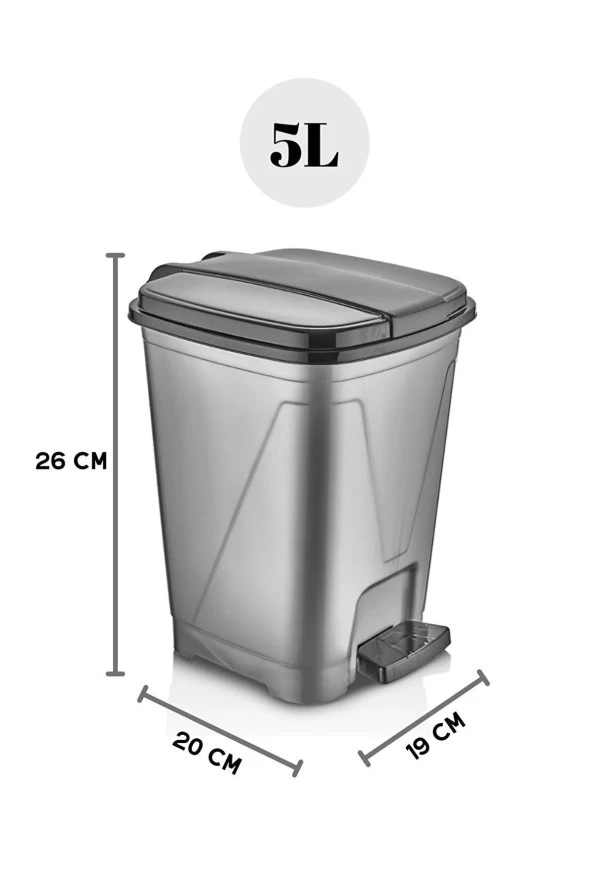 5 Litre Koyu Gri Kare Pedallı Çöp Kovası - Mutfak Tezgah Üstü, Banyo Ve Ofis İçin Çöp Kovası