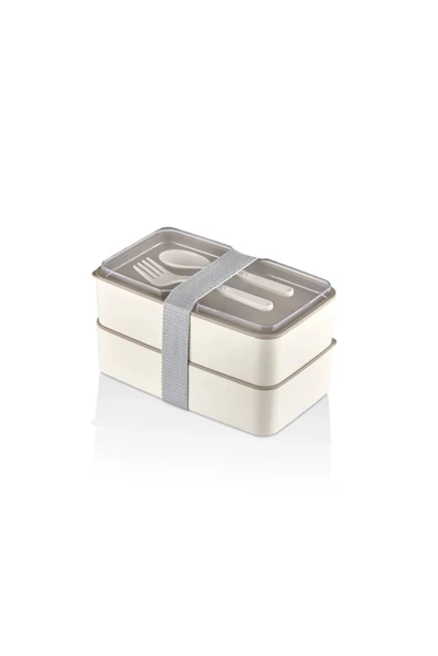 2 Adet 2 Katlı Krem Çatal Kaşıklı Saklama Kabı 1003 Lunch Box - Beslenme Bölmeli Yemek Kutusu - Resim 3
