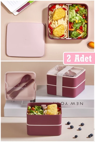 2 Adet Kare 2 Katlı 1013 Lunch Box Yemek Saklama Kabı Beslenme Kutusu Seti Sporcu Öğrenci Diyet Kabı