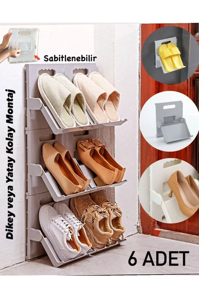 6 Adet Lyon Gri Ayakkabı Rafı Dikey İstiflenebilir Çok Katmanlı Yerden Tasarruflu Raf - Resim 2