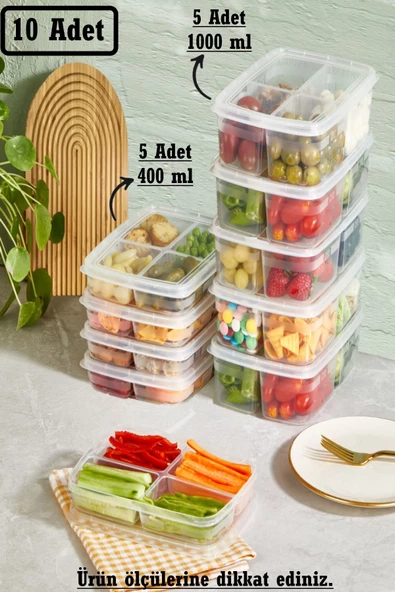 10 Adet 2 Boy Şeffaf Bölmeli Saklama Kabı Seti 5+5 (5 ADET 400 ML) (5 ADET 1000 ML) Buzluk Kabı