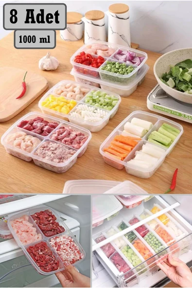 Large 8 Adet 4 Bölmeli Dondurulmuş Öğünlük Et Ve Sebze Saklama Kabı Buzluk Kıyma Kavurma Kabı ürün görseli