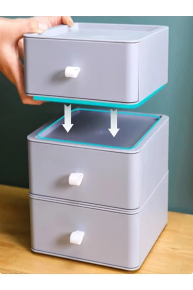 Gri 3 Katlı Çekmece Masa Üstü Organizer Makyaj Takı Kutusu Aksesuar Düzenleyici Toparlayıcı - 4