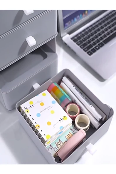 Gri 3 Katlı Çekmece Masa Üstü Organizer Makyaj Takı Kutusu Aksesuar Düzenleyici Toparlayıcı - 3