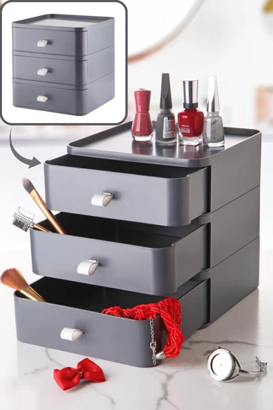 Gri 3 Katlı Çekmece Masa Üstü Organizer Makyaj Takı Kutusu Aksesuar Düzenleyici Toparlayıcı