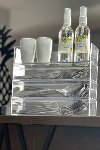 4 Katlı Şeffaf Çeyizlik Çatal Kaşık Düzenleyici Kutu - Çekmece Veya Dolap İçi İstif Organizer - 2