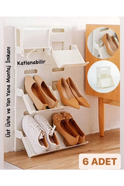 6 Adet Lyon Ayakkabı Rafı Dikey Istiflenebilir Yerden tasarruflu Ayakkabılık Terliklik - Resim 2