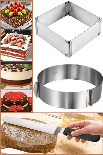 3 Parça Kare Ve Yuvarlak Pasta Kalıbı Ve Pasta Spatulası Pratik Ayarlanabilir Kek Pasta Kalıbı Seti